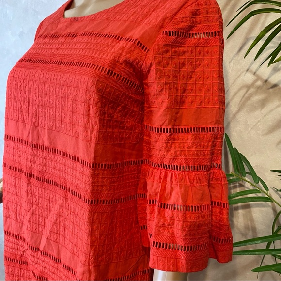 J Crew Coral Red Eyelet Embroidered Tie Neck Flutter Sleeve Shift Dress Size 4. - Picture 7 of 11